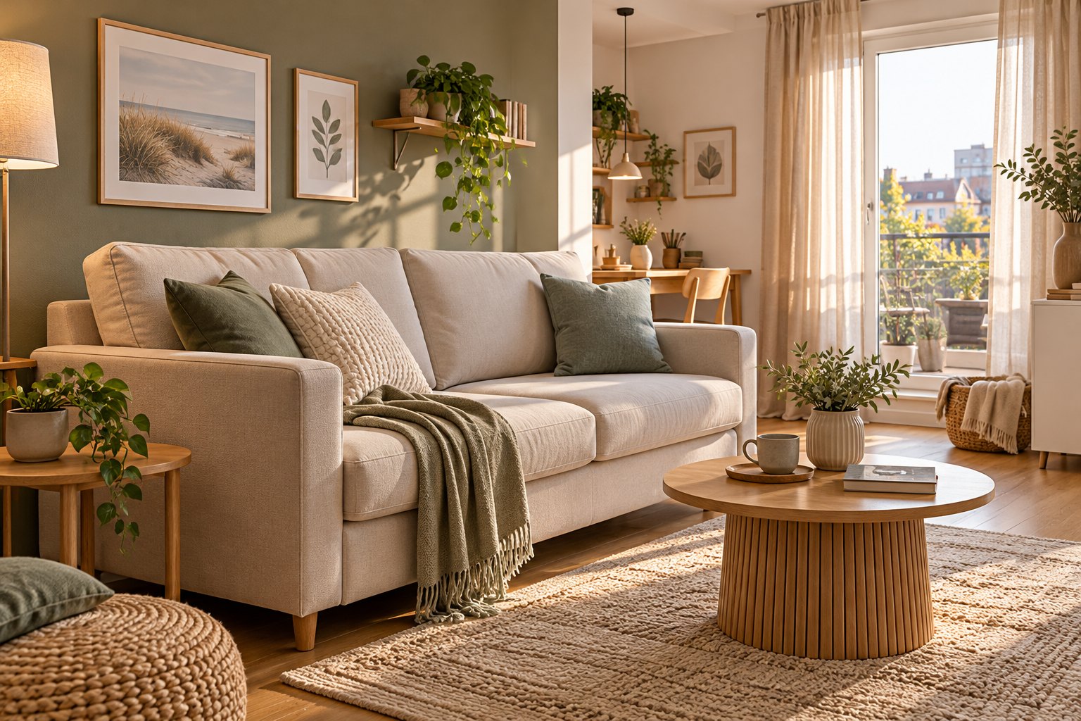 Helles Sofa in einer kompakten, skandinavisch eingerichteten Wohnung