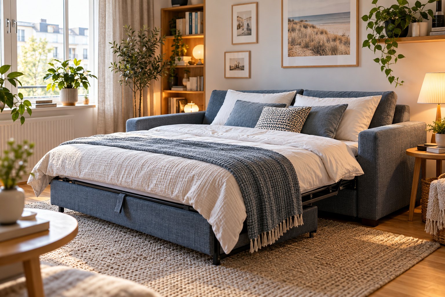 Blaugraues Schlafsofa mit ausgezogener Liegefläche und heller Bettwäsche